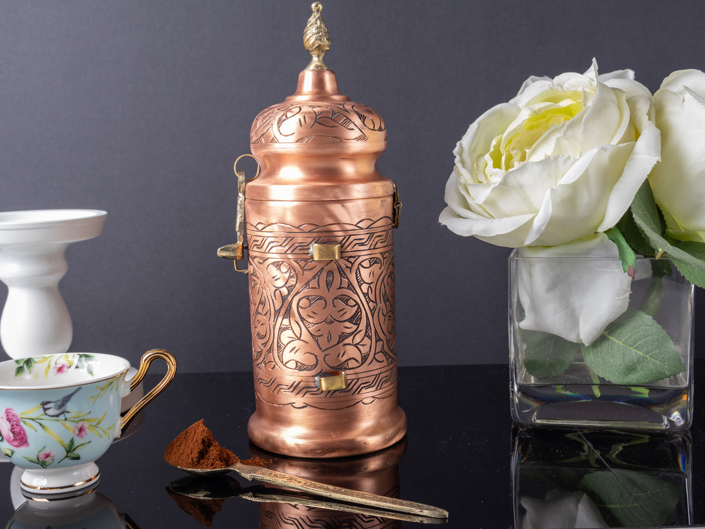 Handmade Copper Coffee Jar with Spoon — 300 g Capacity, Tinned Interior