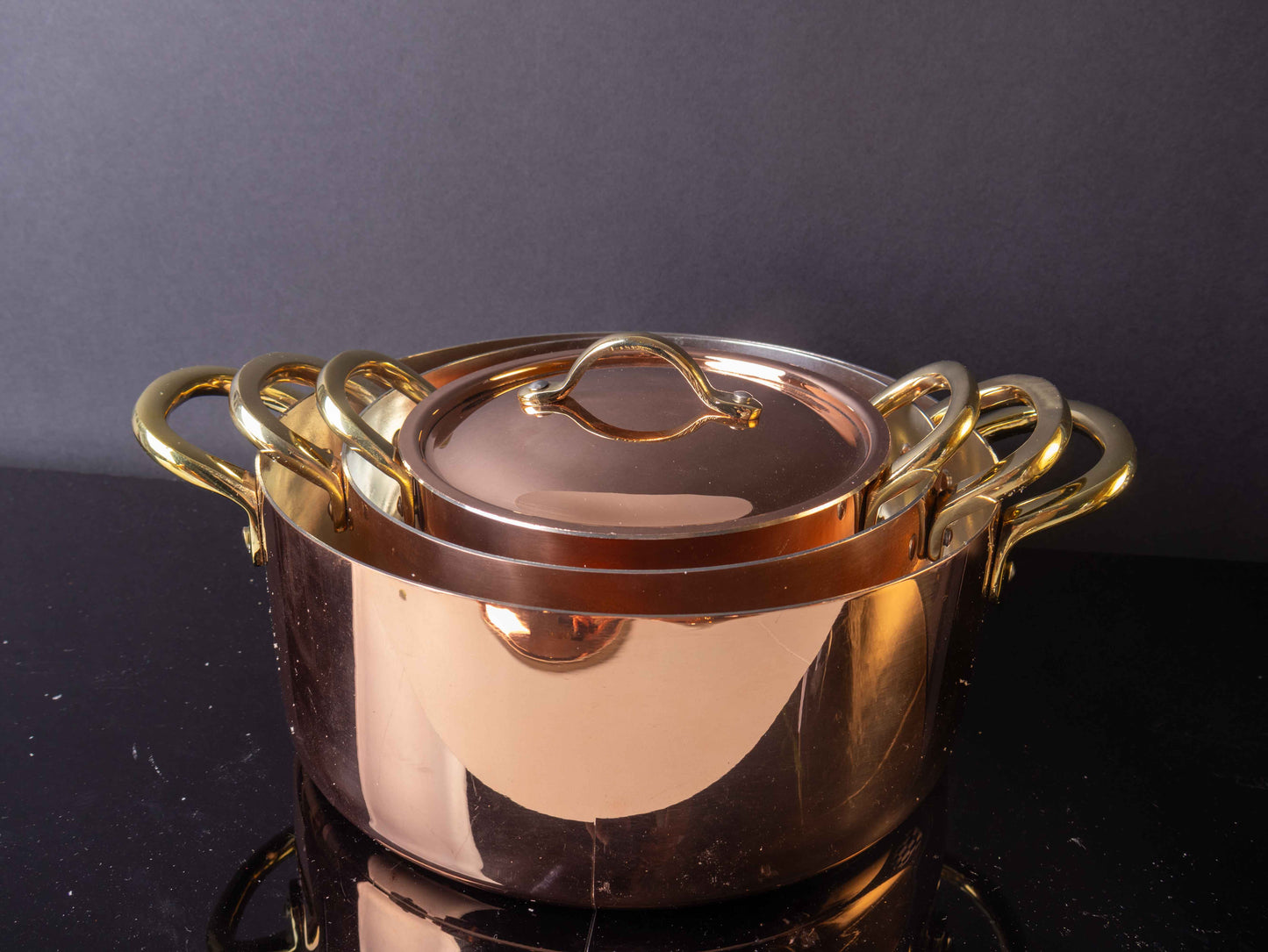 Handcrafted Polished Copper Stockpot Set with Brass Handles