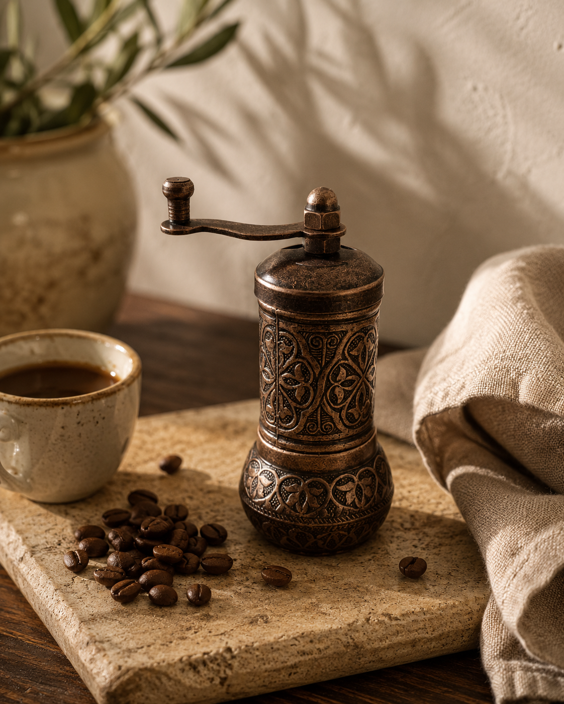 Antique Brass Ottoman Grinder — Hand-Engraved | Salt, Pepper & Spice | 11cm