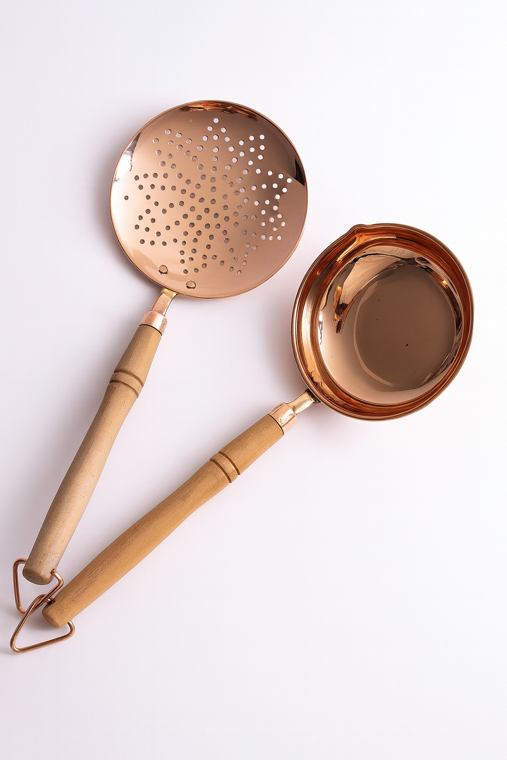 Handmade Copper Ladle & Skimmer Set – Wooden Handle Kitchen Utensils (2-Piece)