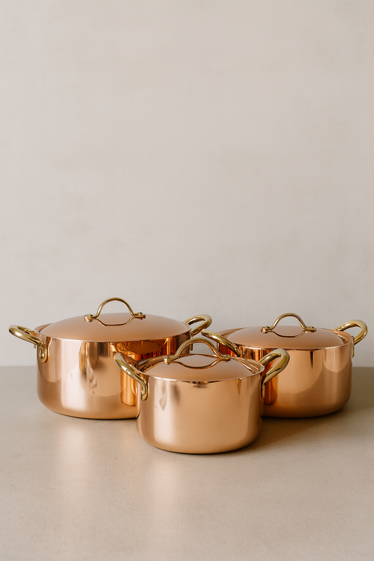 Handcrafted Polished Copper Stockpot Set with Brass Handles
