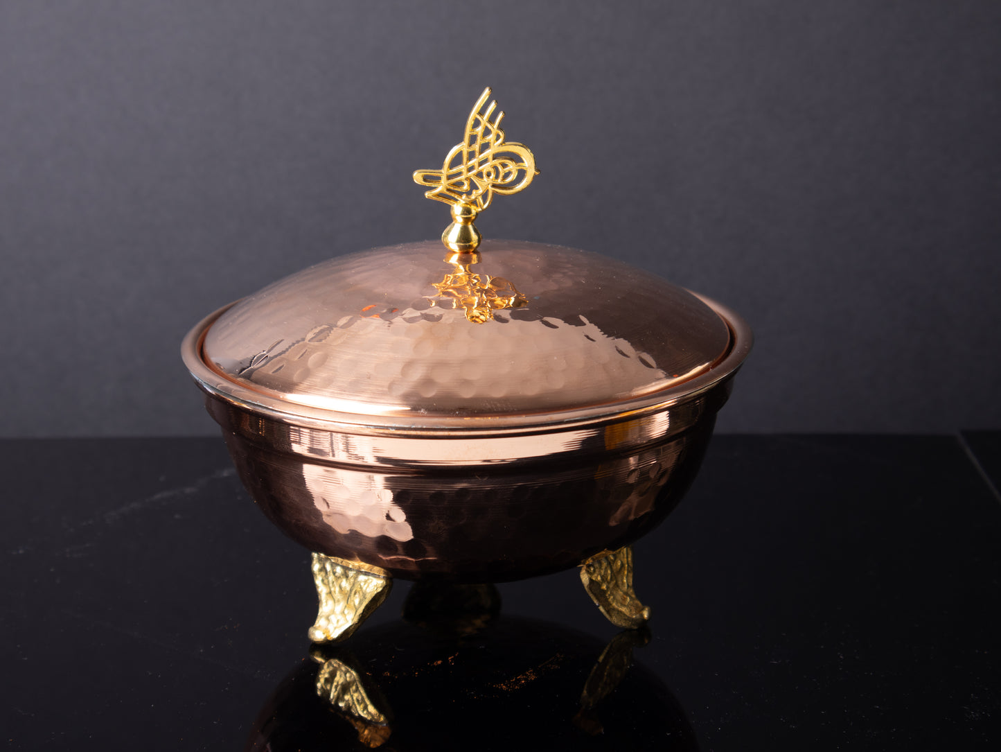 Handmade Copper Sugar Bowl with Ottoman Tugra Lid – Vintage Candy & Spice Jar