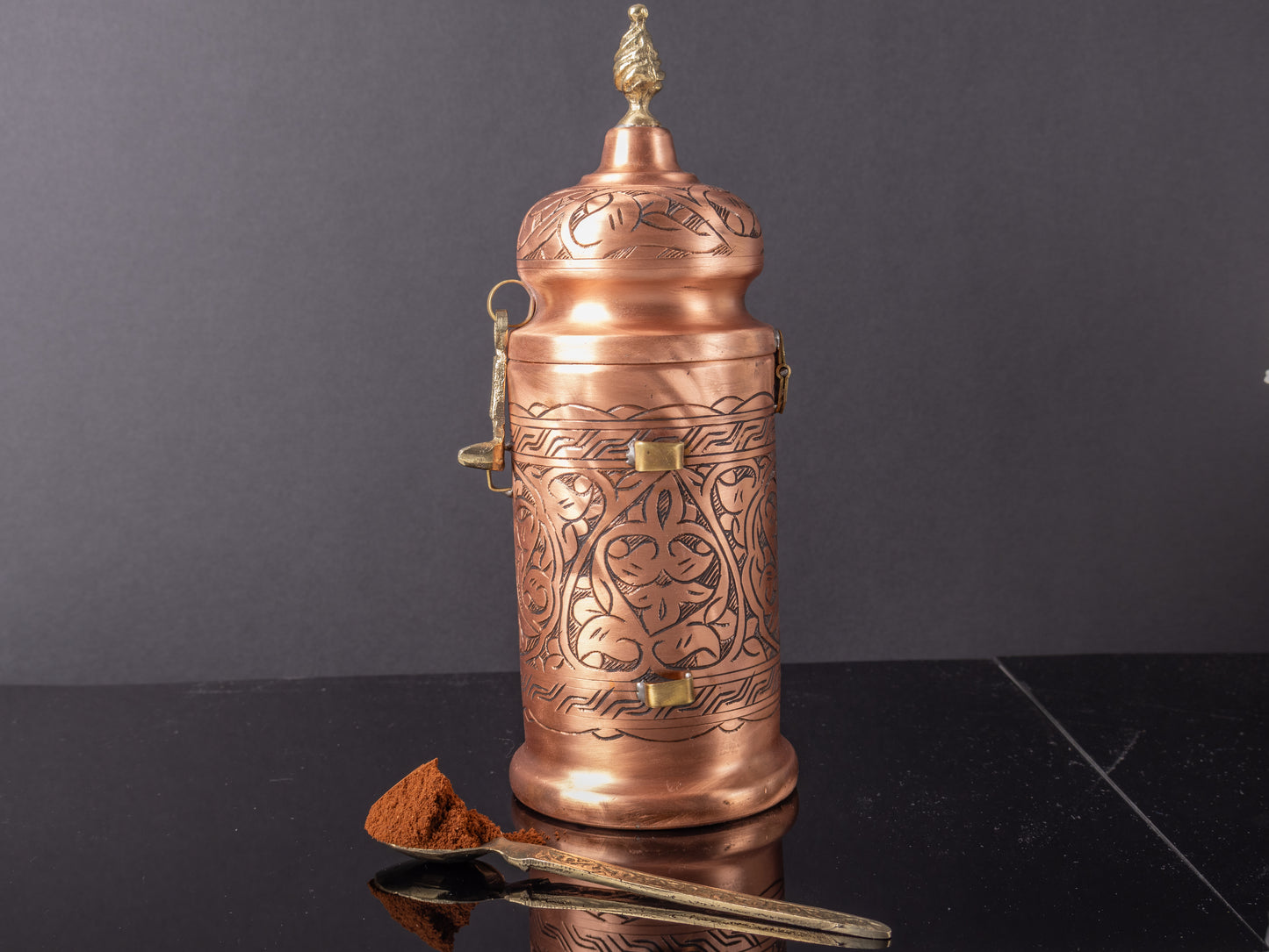 Handmade Copper Coffee Jar with Spoon — 300 g Capacity, Tinned Interior