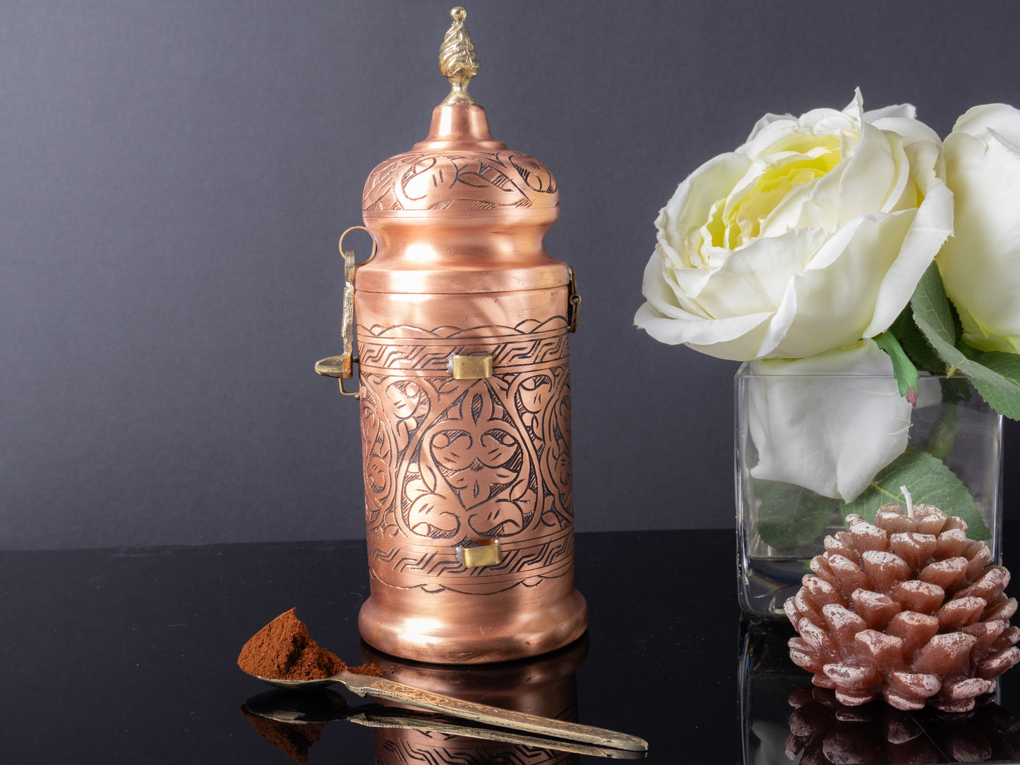 Handmade Copper Coffee Jar with Spoon — 300 g Capacity, Tinned Interior
