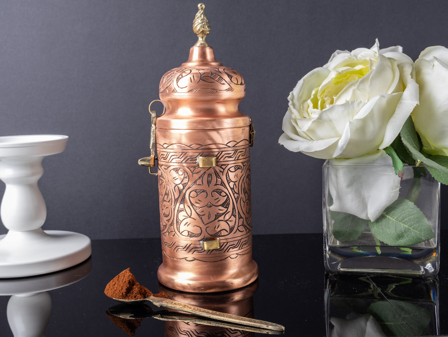 Handmade Copper Coffee Jar with Spoon — 300 g Capacity, Tinned Interior