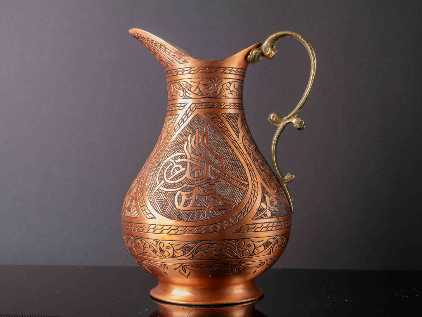 Handmade Copper Water Jug – 2L Engraved Pitcher with Brass Handle