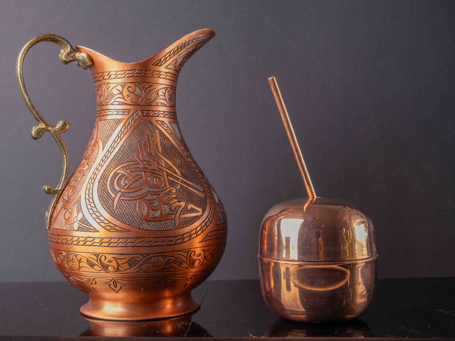 Handmade Copper Water Jug – 2L Engraved Pitcher with Brass Handle