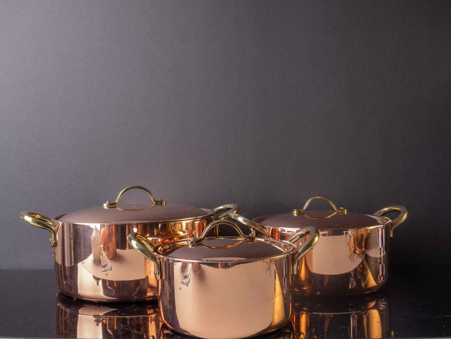 Handcrafted Polished Copper Stockpot Set with Brass Handles