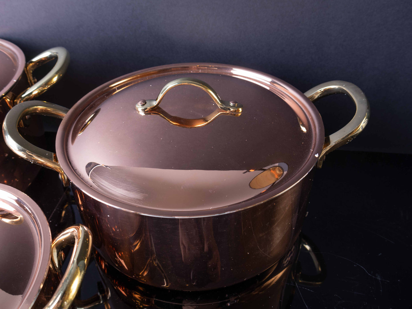 Handcrafted Polished Copper Stockpot Set with Brass Handles