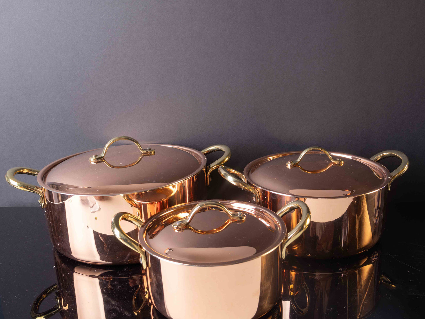 Handcrafted Polished Copper Stockpot Set with Brass Handles