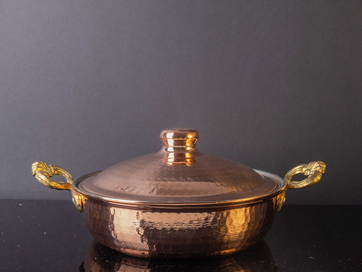 Hammered Copper Pan with Lid  – Handmade, Tin-Lined, Brass Handles (16–24 cm)