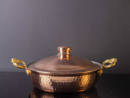 Hammered Copper Pan with Lid  – Handmade, Tin-Lined, Brass Handles (16–24 cm)