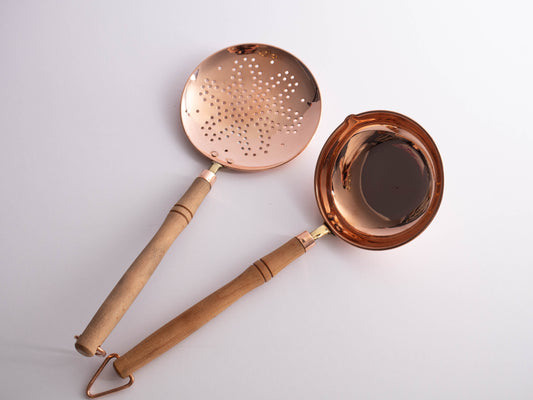 Handmade Copper Ladle & Skimmer Set – Wooden Handle Kitchen Utensils (2-Piece)