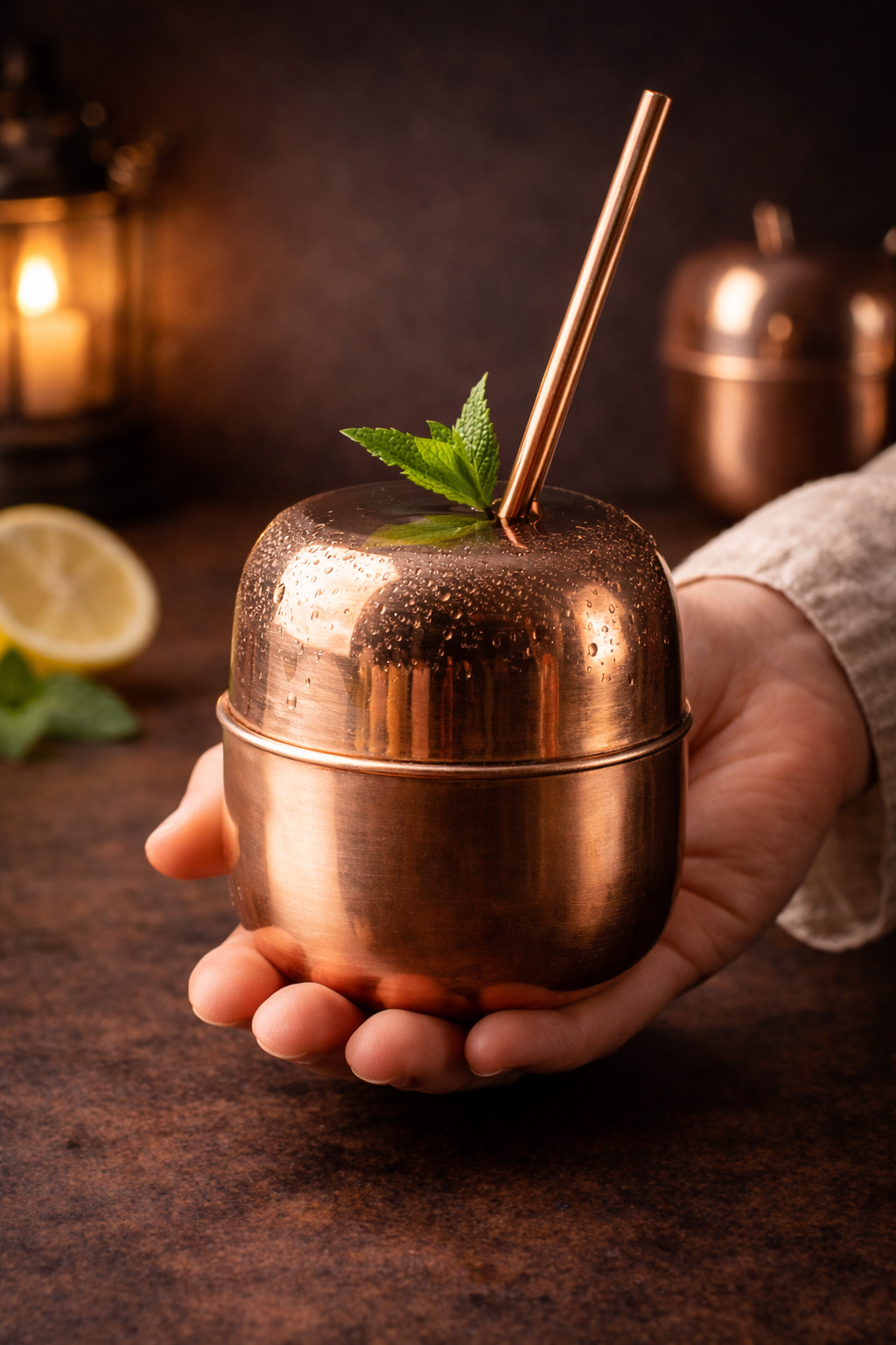 Handcrafted Copper Apple Cocktail Cup – Elegant Barware with Straw (250 ml)