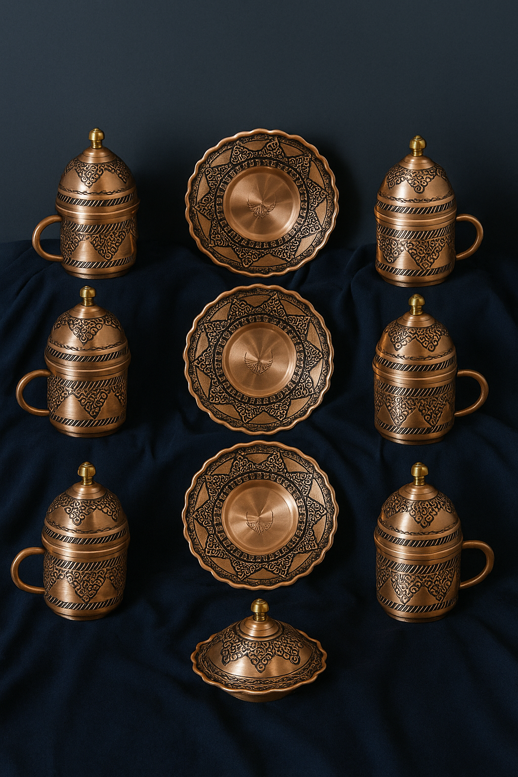 Handmade Turkish Copper Coffee Set – 6 Porcelain Cups, 34.5 cm Tray & Sugar Bowl