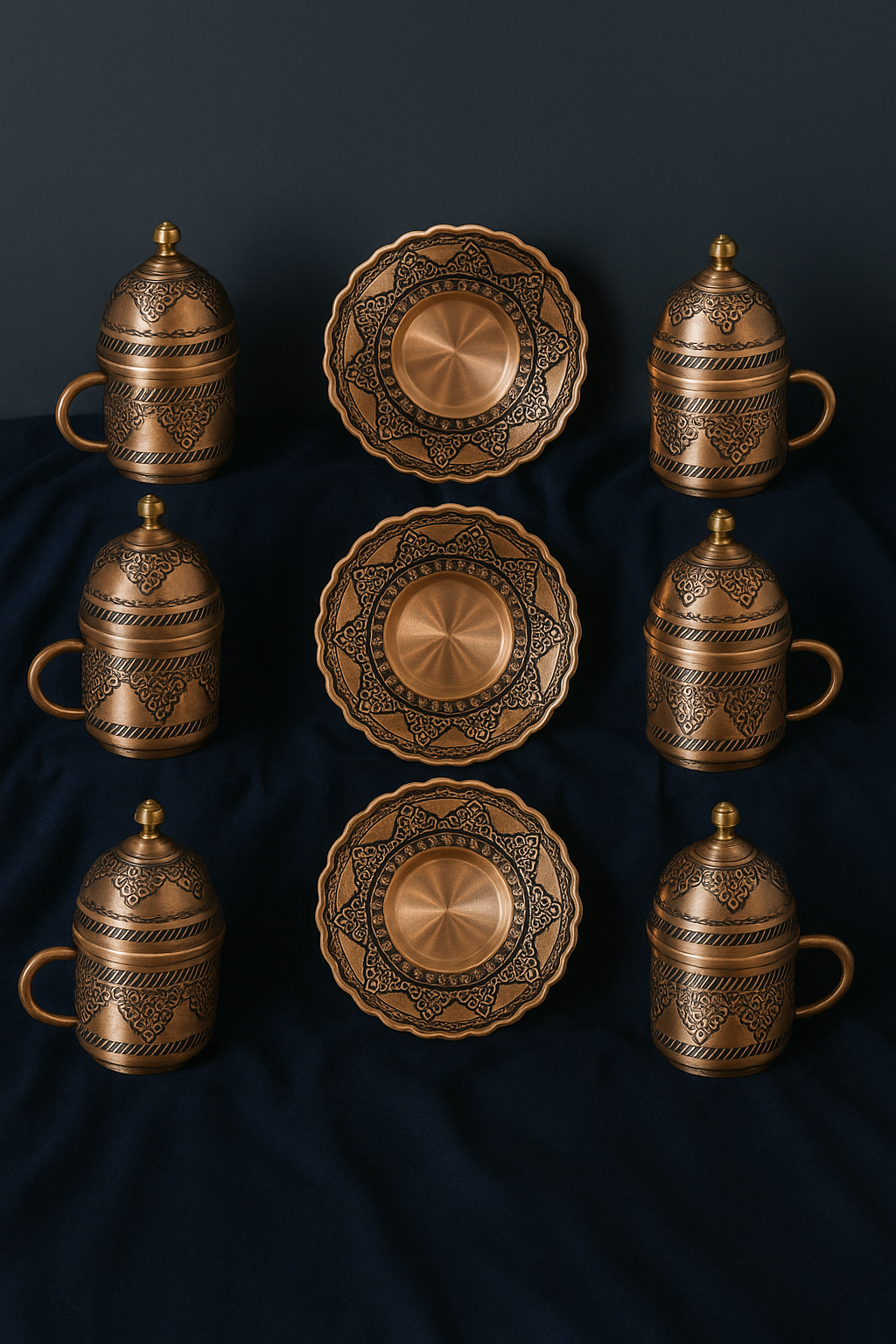 Handmade Turkish Copper Coffee Set – 6 Porcelain Cups, 34.5 cm Tray & Sugar Bowl