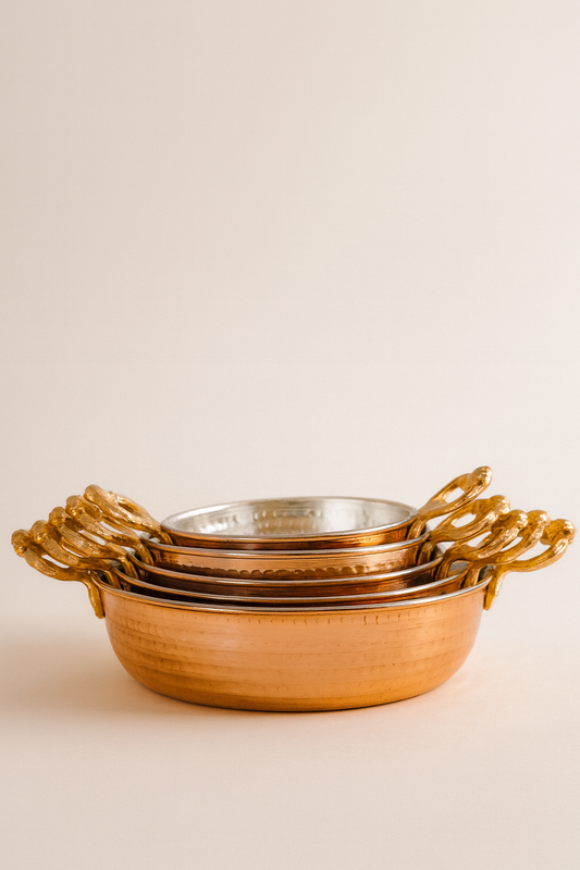 Handmade Hammered Copper Pan Set with Brass Handles – Traditional Turkish Serving Pans