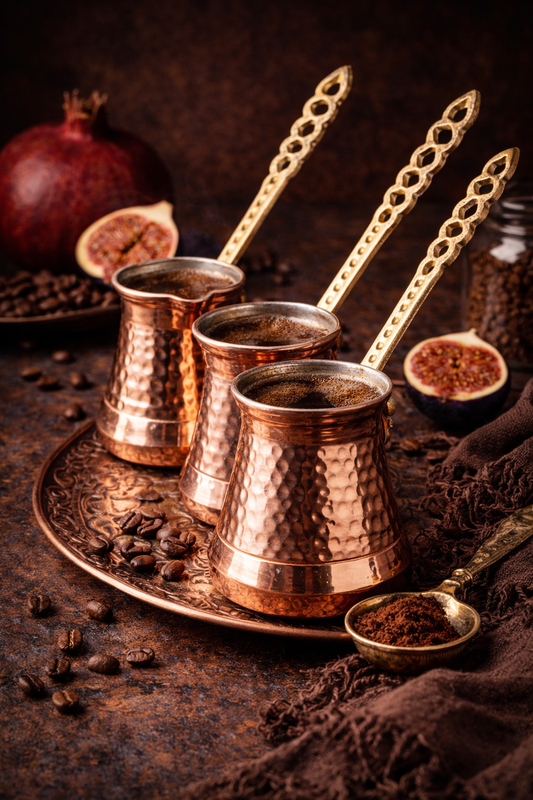 Heritage Hammered Coffee Pot Set – Turkish Copper Cezve Trio