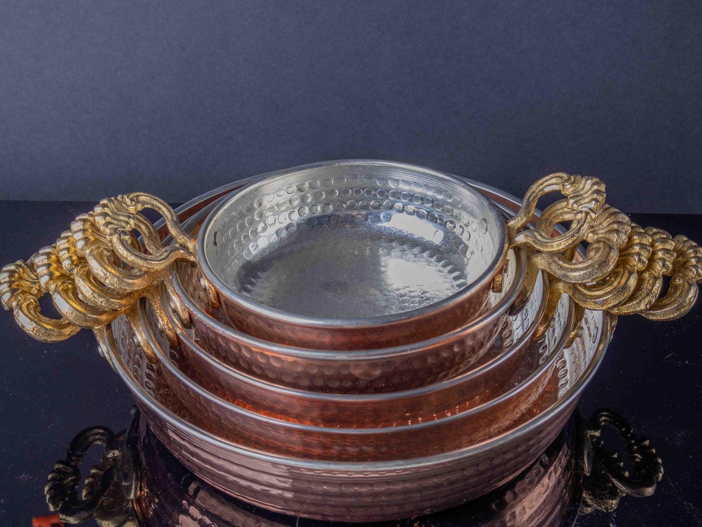 Handmade Hammered Copper Pan Set with Brass Handles – Traditional Turkish Serving Pans