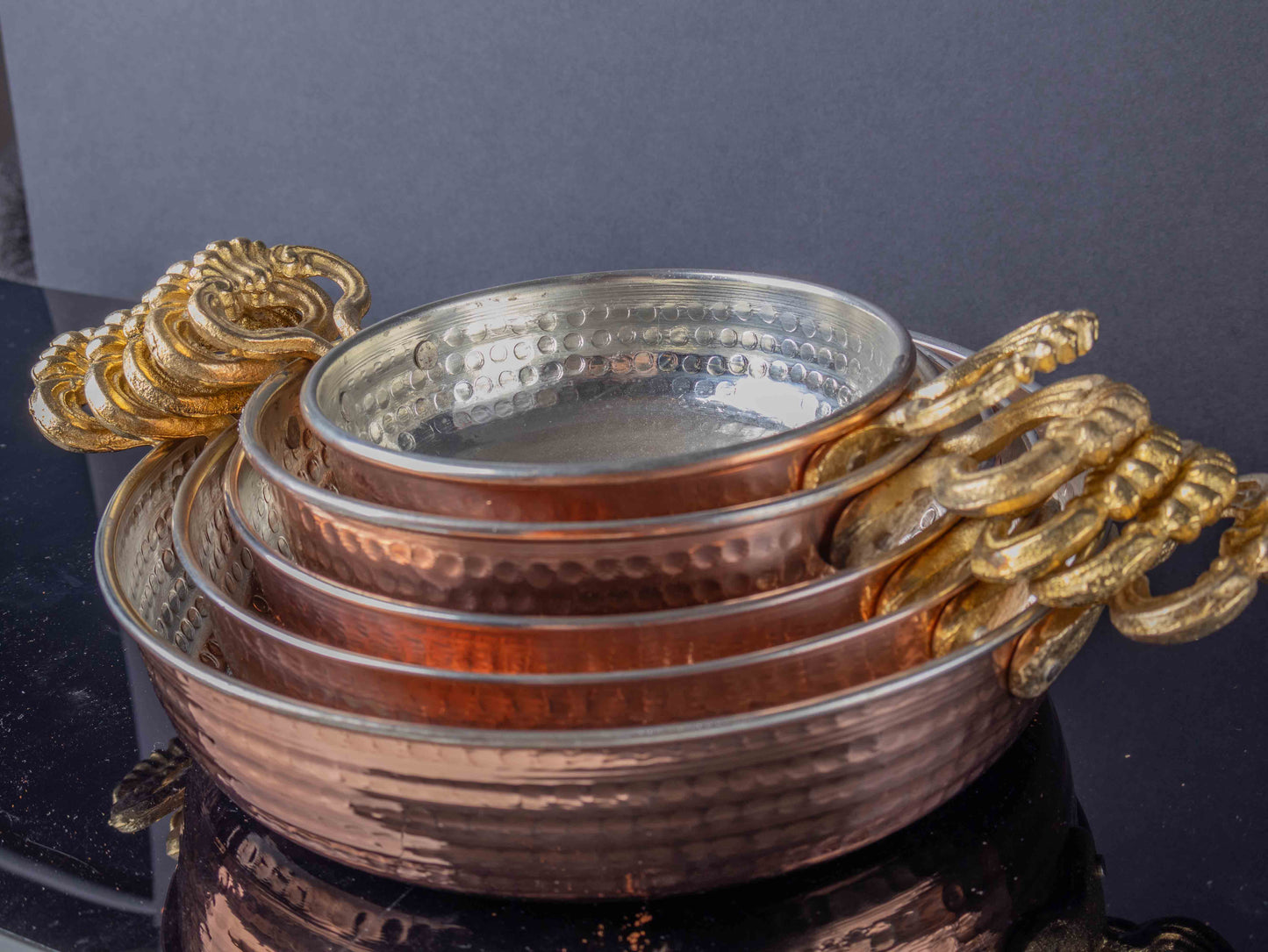 Handmade Hammered Copper Pan Set with Brass Handles – Traditional Turkish Serving Pans