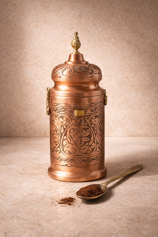 Handmade Copper Coffee Jar with Spoon — 300 g Capacity, Tinned Interior