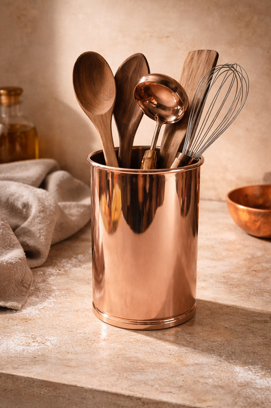 Handcrafted Copper Utensil Holder – Tin-Lined Kitchen Organizer (12.2 × 20 cm)