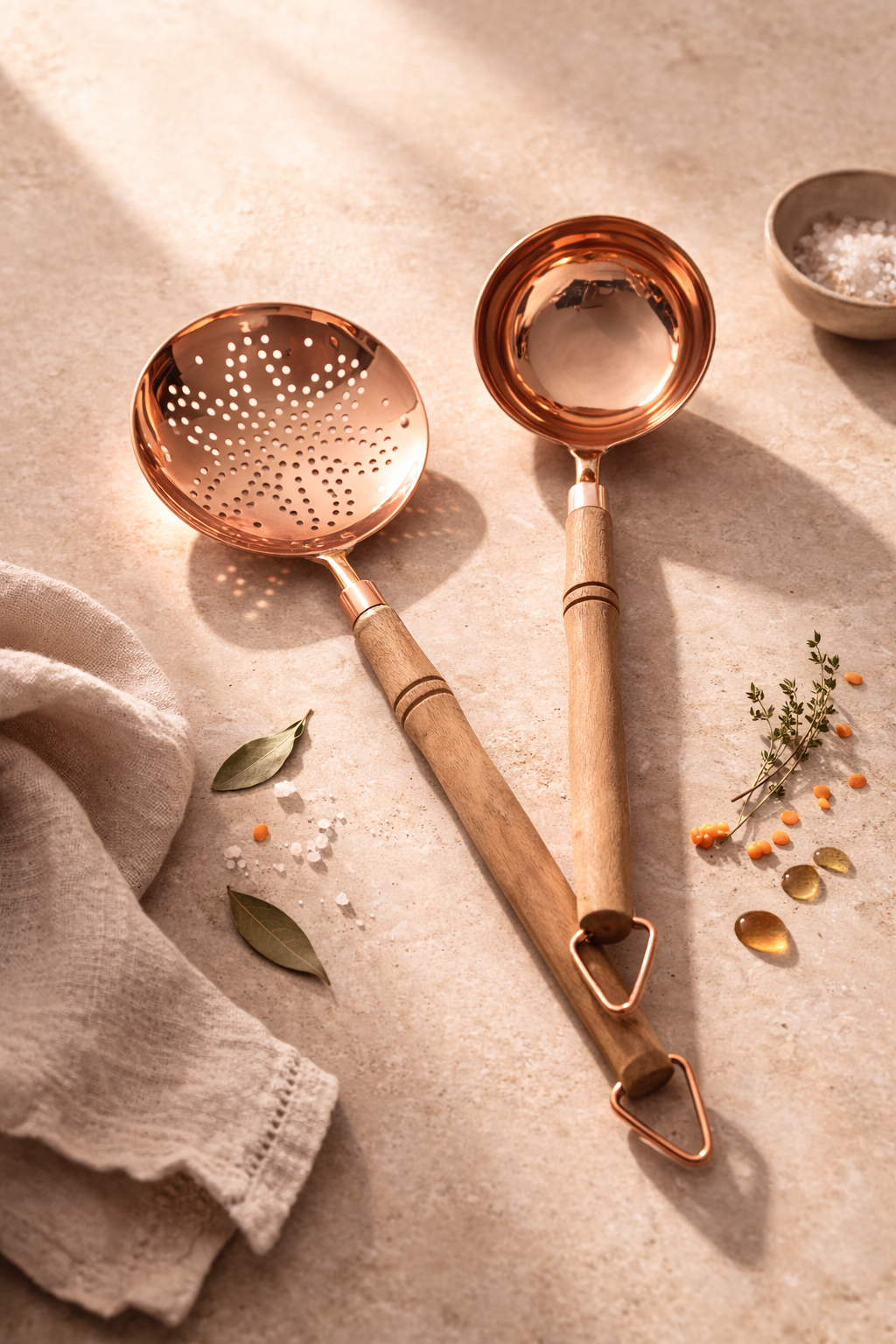 Handmade Copper Ladle & Skimmer Set – Wooden Handle Kitchen Utensils (2-Piece)