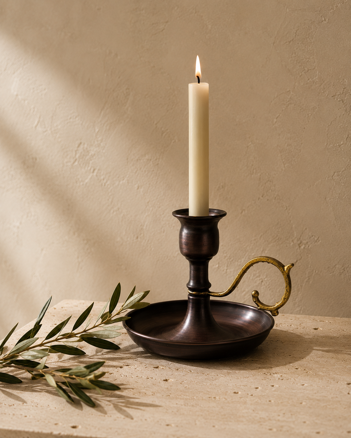 Copper Chamberstick Candleholder — Polished & Oxidised Finish | Brass Handle