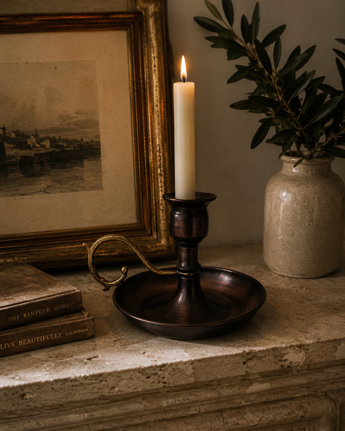 Copper Chamberstick Candleholder — Polished & Oxidised Finish | Brass Handle