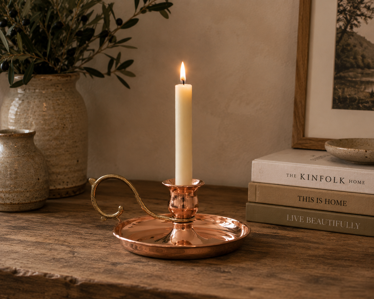 Copper Chamberstick Candleholder — Polished & Oxidised Finish | Brass Handle
