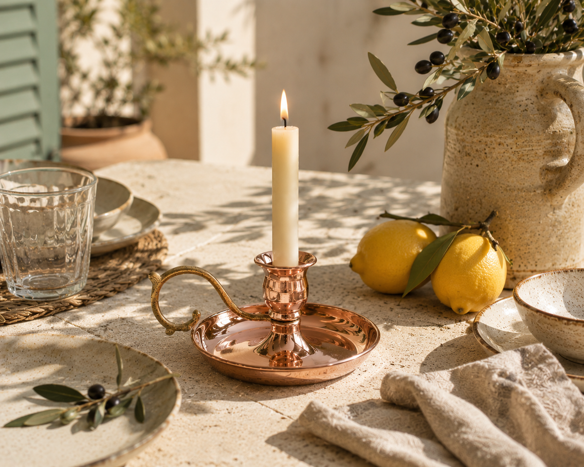 Copper Chamberstick Candleholder — Polished & Oxidised Finish | Brass Handle