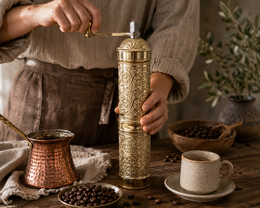 Ottoman Brass Coffee & Spice Grinder — Hand-Engraved Manual Grinder | 22cm